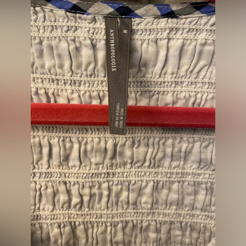 Anthropologie- Peregrine Blue and White Wavy Gingham Check Dress flutter sleeve - Picture 7 of 16